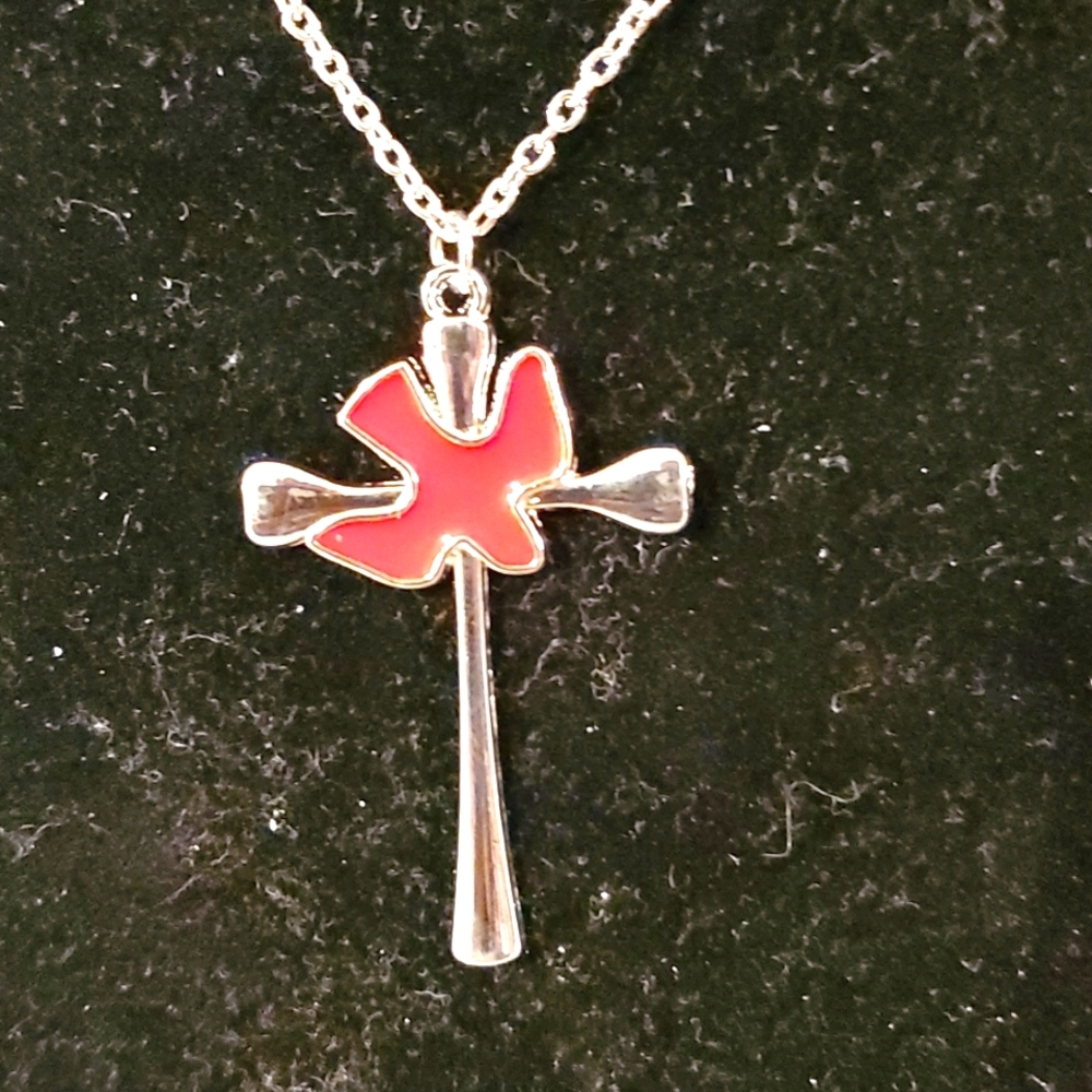 NWOT Cross and Pink Dove on Silver tone necklace